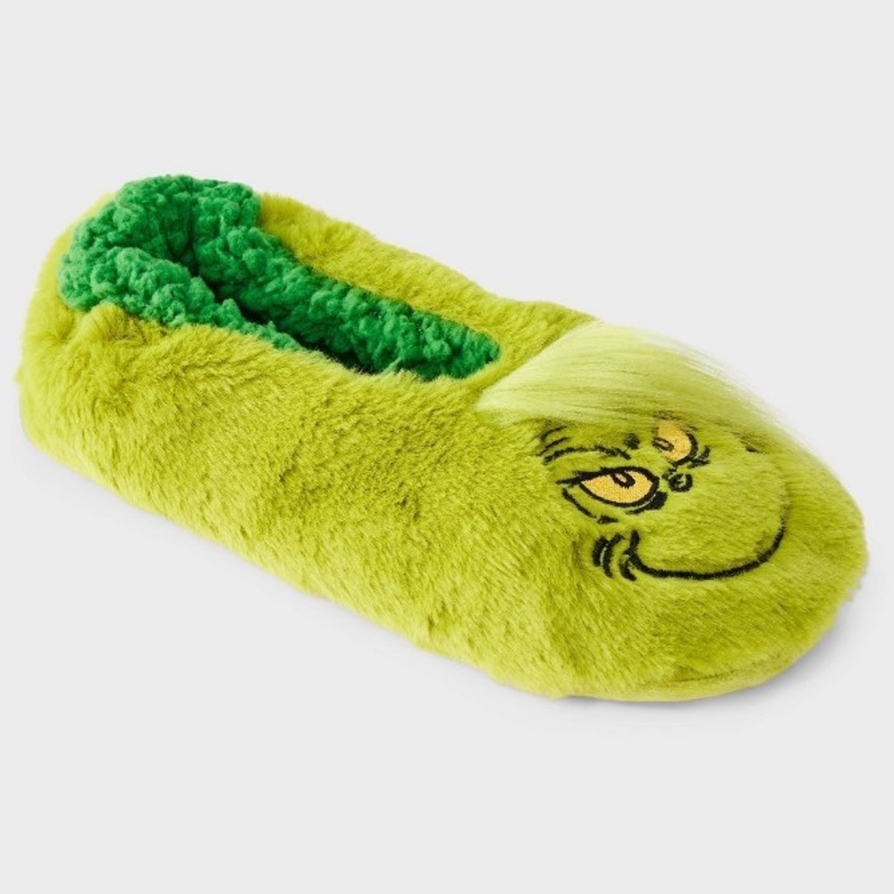 NWT Women's The Grinch Faux Fur Slipper Socks w/ Grippers Green M / L Size 10-13